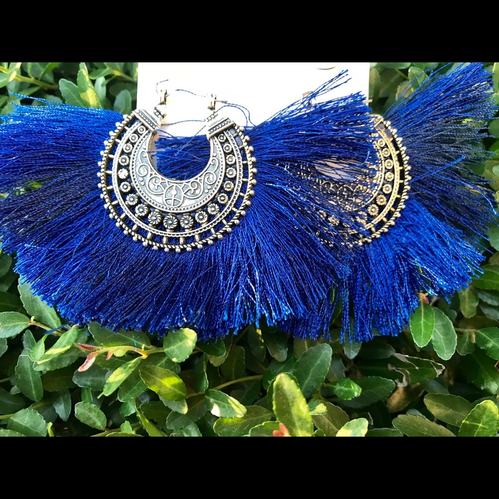 Fringe Frenzy! Royal blue fringe earrings- large